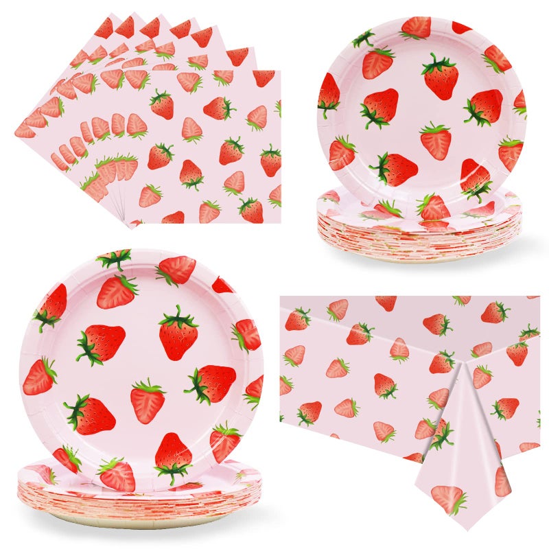 CENLBJ Strawberry Party Tableware Set Strawberry Birthday Decoration Summer Fruit Party Supplies Paper Plates Napkins Tablecloth for 25 Guests Great for Birthday Summer Fruit 1st - Image 1